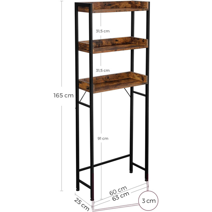 VASAGLE Toilet Shelf, 3 Tiers, Bathroom Shelf, Space-Saving, Easy to Assemble, for Laundry Room, Industrial Style, Rustic Brown and Black, BTS002B01