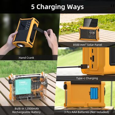 Радіоприймач Kurbelradio з DAB/DAB+/UKW, акумулятор 12000mAh, сонячна панель 8500mm², ручне радіо, Bluetooth 5.0, ліхтарик, для кемпінгу, зелений (жовтий)