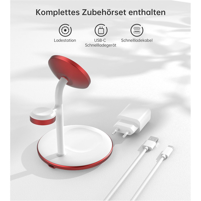 3-в-1 Бездротова Зарядка для Багатьох Пристроїв: iPhone, iWatch, AirPods, 15W, MagSafe, Колір: Маджента