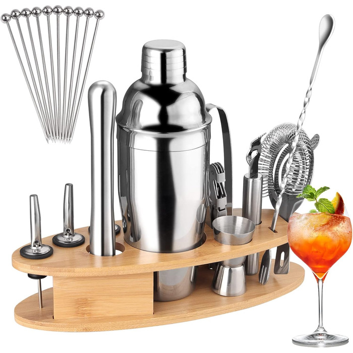 FUNYKICH Cocktail Shaker Set with Stand, 22pcs Stainless Steel Cocktail Shaker Set: 750ml Cocktail Shaker, Measuring Cups, Muddler, Spoon, Strainer, Jigger, Ice Tongs, Bottle Opener, Bar Measure; Bar Accessories Gift