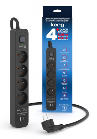 Мережний фільтр Kerg 3м, 4 розетки, USB-A + USB-C