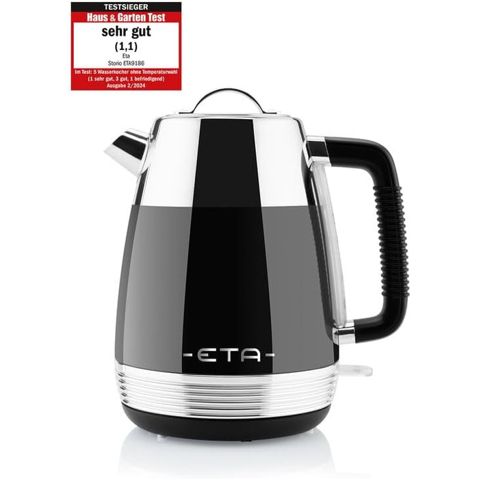 Електричний чайник ETA Storio I, 2200 Вт, 1,7 л, індикатор рівня води, автовимкнення, захист від перегріву, шнур посередині, фільтр, чорний