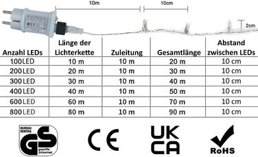 Гірлянда світлодіодна Gresonic 100/200/300/400 LED, струмопостачання від мережі, для внутрішнього та зовнішнього використання, тепле біле світло, 8 режимів, диммування, 100 LED