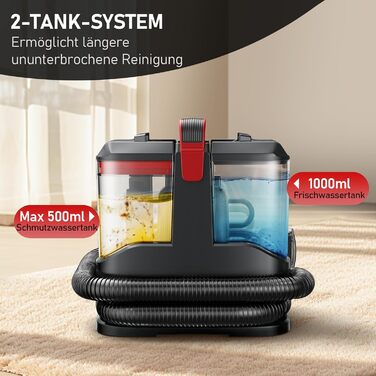 Портативний мийний пилосос для м'яких меблів та килимів з насадкою для видалення шерсті тварин, чорний