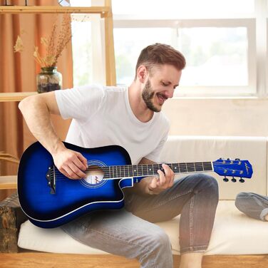 Акустична гітара ADM 38 дюймів для початківців з онлайн-уроками. Комплект: Gigbag, ремінь, струни, медіатори, каподастр, підставка, (Синій (Blue Burst))