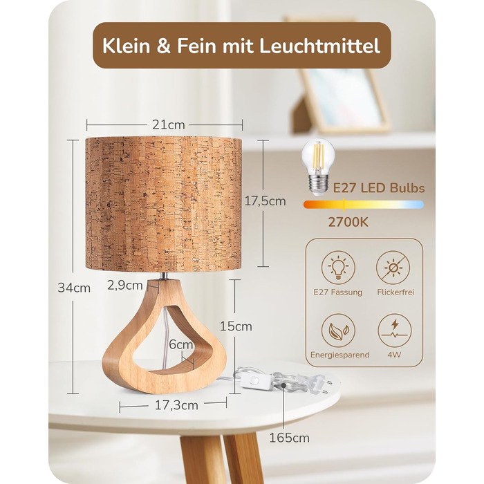 EDISHINE Дерев'яна Настільна Лампа з абажуром з льону, E27, для вітальні, спальні, в стилі кантрі [Енергоклас F], колір: корічневий