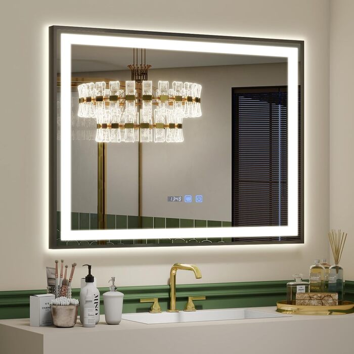 Дзеркало для ванної кімнати YU YUSING з підсвічуванням 60x80 см, антизапар, 3 кольори світла, регулювання яскравості, LED-дзеркало з годинником, IP44, вертикальне, срібло (чорний металевий каркас, 70x50 см)