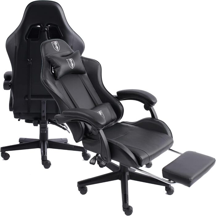 TRISENS Gaming Chair with Racing Design featuring flexible padded armrests, ergonomic PC gaming chair in leather look, desk chair with retractable footrest and extra support cushion, color: black