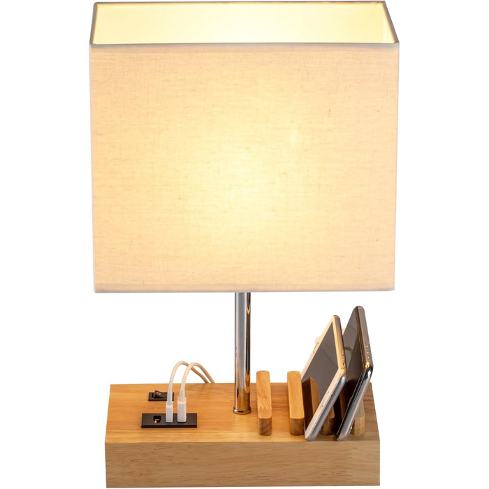 Настільна лампа Dreamholder з 3 USB-портами (A+C), підставкою для телефону, для спальні, вітальні, офісу, з натуральним дерев'яним цоколем та тканинним абажуром