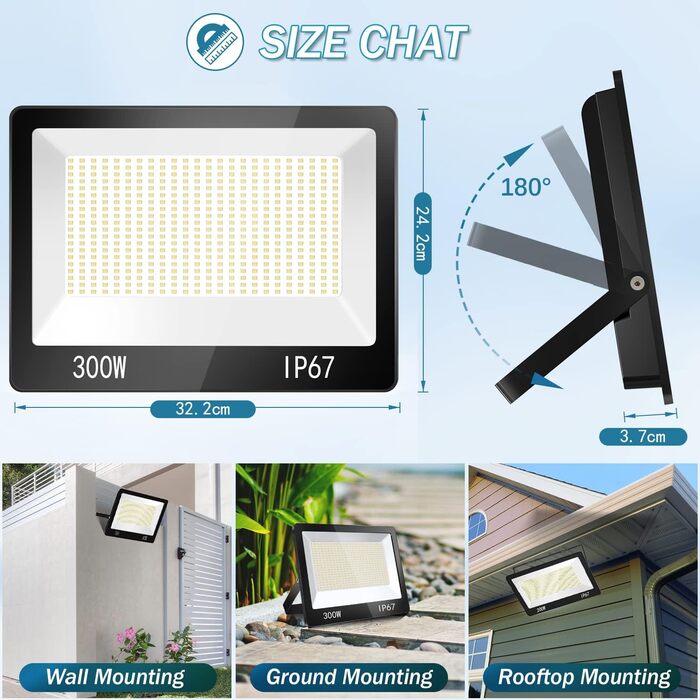 LED прожектор 300W для вулиці, IP67, 2 шт, 30000Лм, 7000K, холодне біле світло, водонепроникний, для складу, саду, гаража, двору, паркування