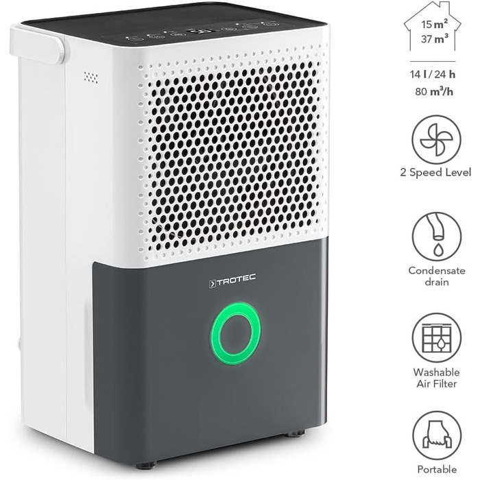 Конденсаційний осушувач повітря TROTEC TTK 33 E, продуктивність 14 л/добу, для приміщень до 15 м² (37 м³)