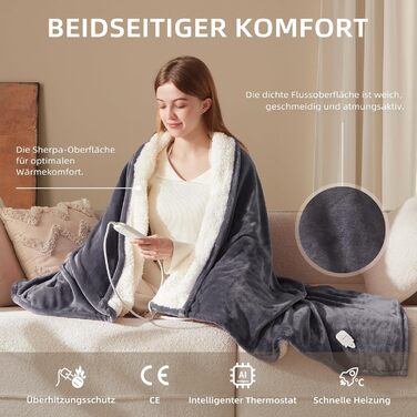 Електрична гріюча ковдра 130x180 см з таймером та захистом від перегріву, 9 режимів нагріву, функція пам'яті, фланель, для спальні, офісу