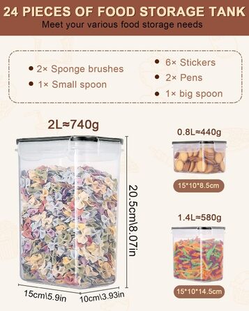 Набір контейнерів для зберігання Heucheey 24 шт. з кришкою, набір для кухні з пластику, з наклейками, пензлем та ложкою, контейнери для зберігання круп, борошна, макаронів, BPA-free