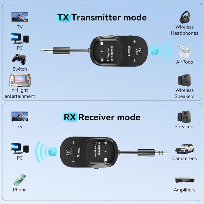 Bluetooth-адаптер 2-в-1 (передавач та приймач) з OLED-дисплеєм, aptX Low Latency, роз'єм 3.5 мм Jack для ТБ, літака, навушників та AirPods, чорний