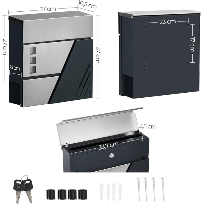 Поштовий ящик настінний SONGMICS з оглядовим вікном, замок, сріблясто-антрацитовий GMB053G01