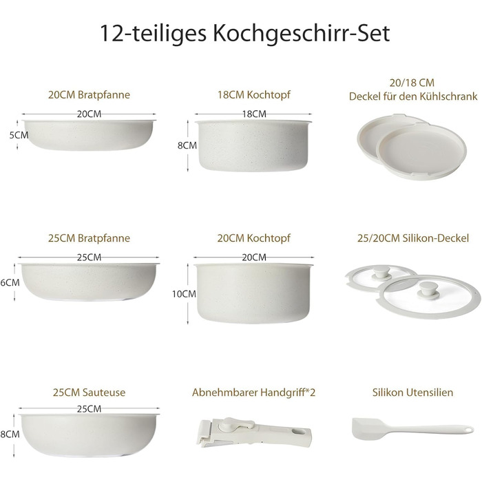 Набір посуду Sweetcrispy 12 предметів з антипригарним покриттям: каструлі (18/20 см), сковороди (20/26 см, 26 см) зі знімними ручками, для індукції та духовки, бежевий