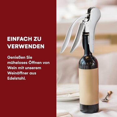 Kitchtic Wine Opener - Wine Bottle Opener - Stainless Steel - Opens in just 3 seconds with a quick up and down motion - Waiter's Knife - includes foil cutter - Silver