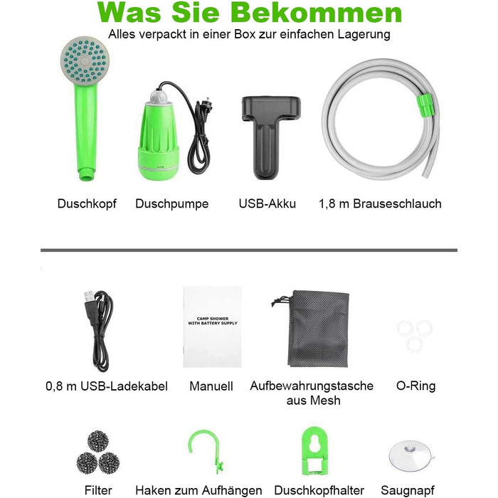 LIBERRWAY Camping Shower with Pump, Camping Shower Set with Rechargeable Battery, 2m Shower Hose Outdoor Shower for Garden Beach Camping Travel Car Washing, Mobile Shower Black
