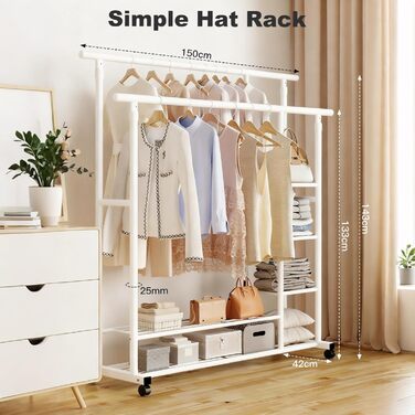 Вешалка для одягу на колесах, шестиярусна полиця з двома штангами, біла
