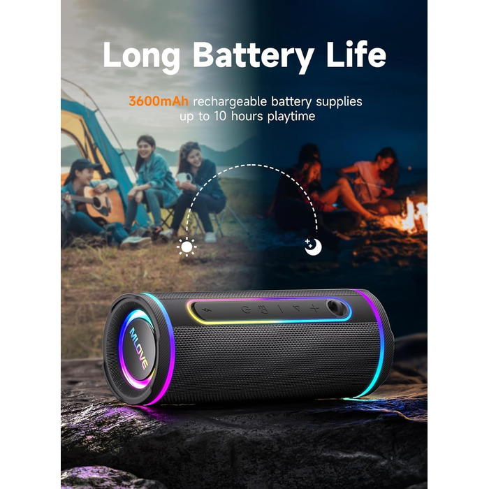 Портативна Bluetooth колонка MLOVE E80 30W, IPX7, з підсвіткою, мікрофоном, MicroSD, TWS