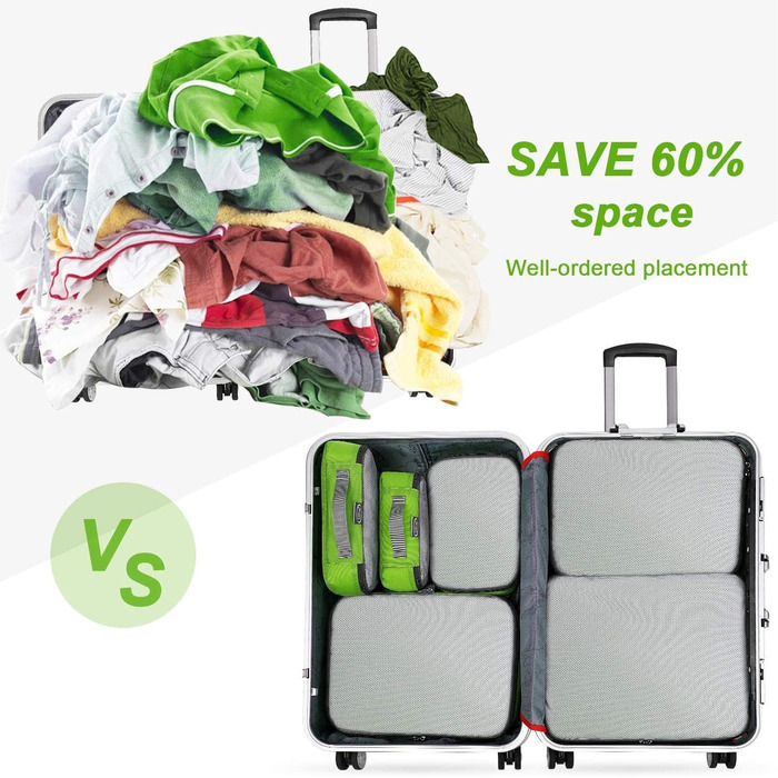 Органайзери для валізи G4Free, набір 6 шт (сітка) - зелений (S+2M+2L+XL) для подорожей