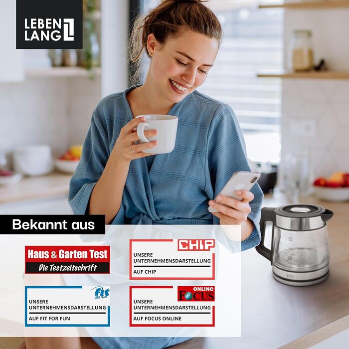 Скляний чайник LEBENLANG 1,2 л з LED-підсвічуванням - нержавіюча сталь, BPA-Free | Чайник для подорожей, кемпінгу