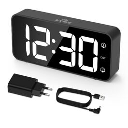 Електронний будильник LATEC з LED-дисплеєм, 2 сигналими та функцією Snooze, USB-порт для зарядки, регулювання яскравості та гучності (90-120 дБ), 8 мелодій, формат 12/24г, мережевий, чорний