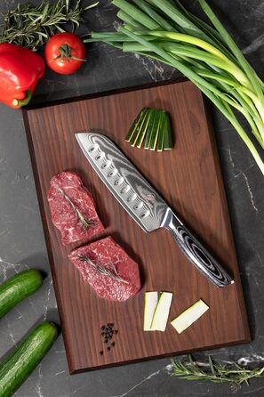 Професійний кухонний ніж Santoku Wolfblood PRO XL 31 см з 67-шарової дамаської сталі з дерев'яною ручкою, подарункова коробка та чохол