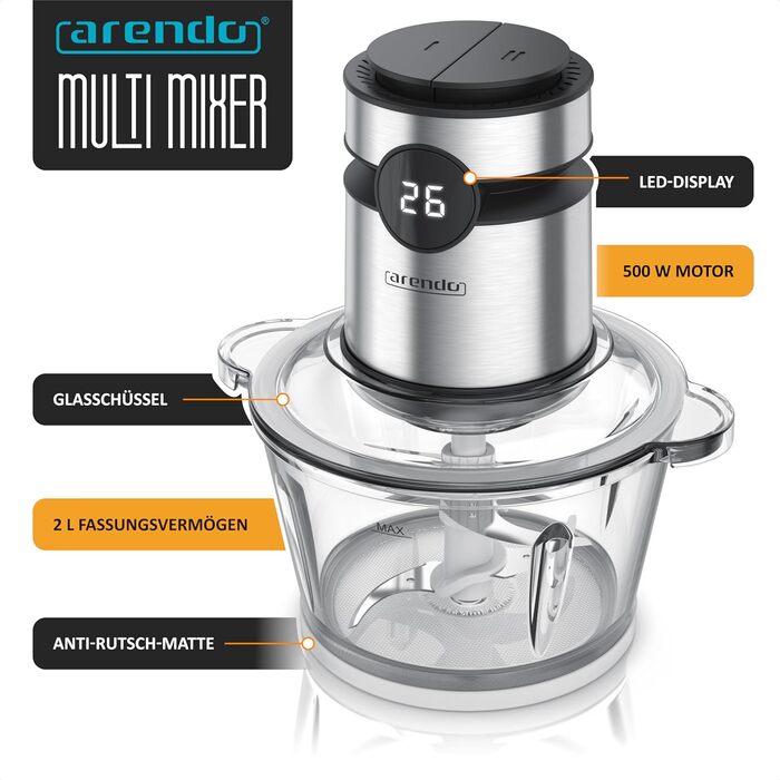 Електричний подрібнювач Arendo з нержавіючої сталі, 500 Вт, об'єм 2 л, для м'яса, горіхів, фруктів, овочів та іншого