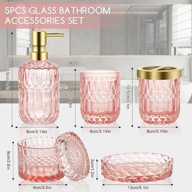 Набір аксесуарів для ванної кімнати зі скла: мильниця, дозатор мила, стакан, тримач для зубних щіток, контейнер для ватних паличок, рожевий колір