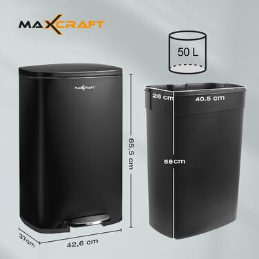 Степле́р для смі́ття 50 літрів зі сталі з внутрішнім відром з пластику - з м'яким закриттям кришки, для кухні, ванної кімнати або офісу - чорного кольору