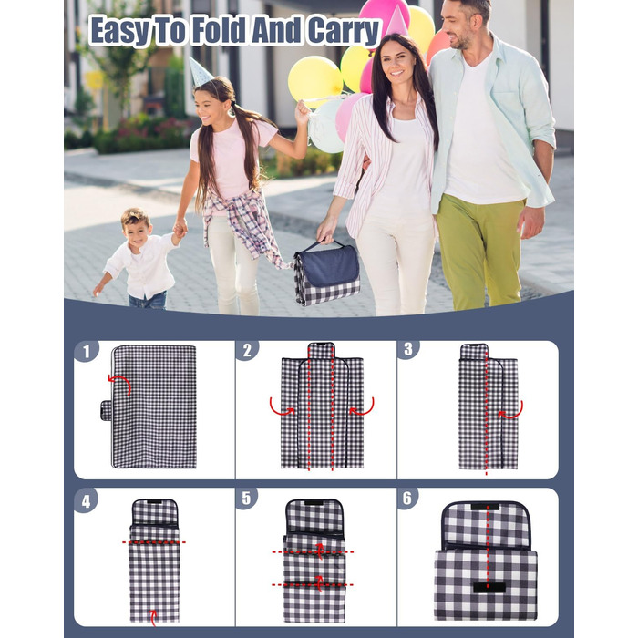 Плед для пікніка LIVEHITOP водонепроникний XXL (150x200 см) синій в клітку - для пляжу, кемпінгу, парку, BBQ