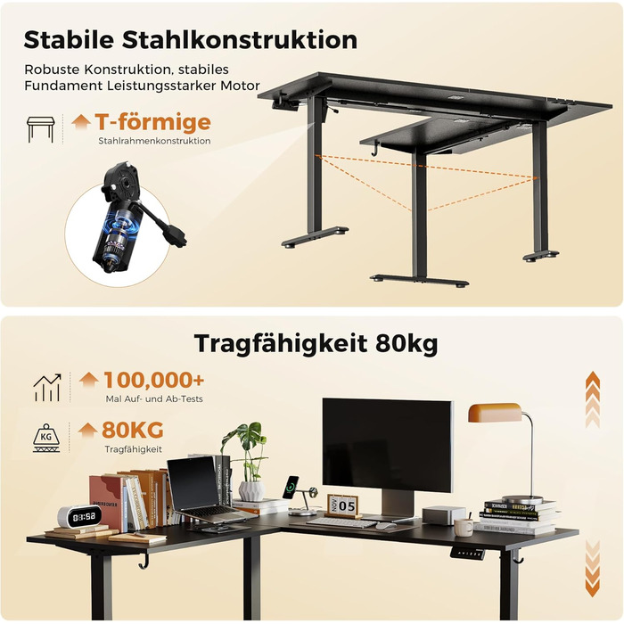 Електричний кутовий стіл Agilestic з регулюванням висоти 160 x 140 см, чорний. Ергономічний стіл для роботи та навчання, комп'ютерний стіл з регулюванням висоти.