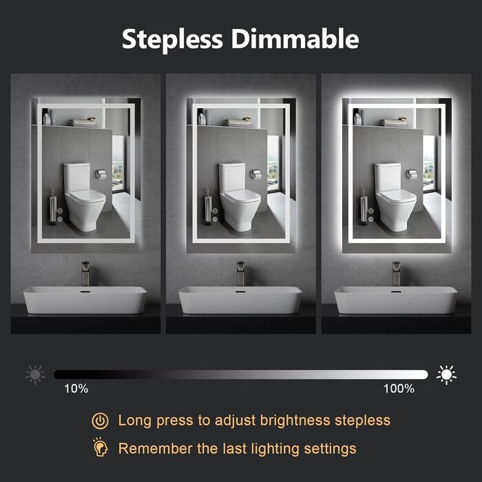 Дзеркало для ванної кімнати зі підсвічуванням 70x50 см, антизапар, сенсорне керування, 3 кольори світла, регулювання яскравості