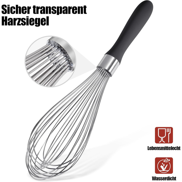 Міксер ручний кухонний Doosu 30см, з нержавіючої сталі 18/8, 12 гнучких дротів, чорний