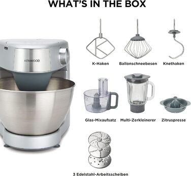 Кухонна машина Kenwood Prospero+ KHC29.A0SI, 1000 Вт, чаша з нержавіючої сталі 4,3 л, набір насадок (вінчик, К-міксер, гак), компактний дизайн, срібляста