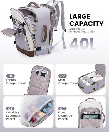 Рюкзак LOVEVOOK для жінок, 40L, ручна поклажа, для ноутбука, водонепроникний, рюкзак для подорожей, дамська сумка-мішок, 17.3 дюйми, сірий, білий, кавовий