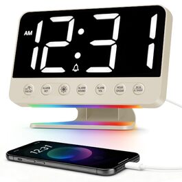 Цифровий будильник LED з RGB-підсвіткою та USB-портом, гучний сигнал 30-110 дБ для міцного сну, настільний годинник з функцією Snooze (Бежевий)