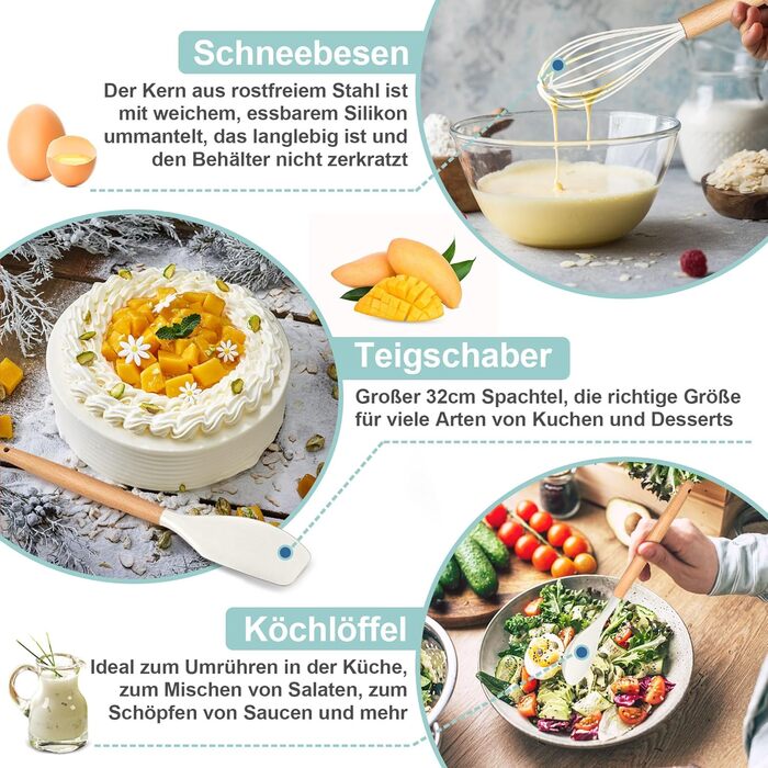 Набір кухонних аксесуарів Homikit 9 шт. з дерев'яною ручкою, чорний, з підставкою, антипригарне силіконове кухонне приладдя