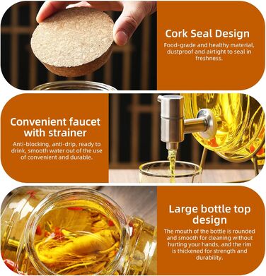 Barrel-shaped drink dispenser, 3L/5L glass water dispenser with stand, barrel decanter with tap, alcohol dispenser ideal for wine, whiskey, beer, juices, lemonade, gifts for friend, husband, father (5L, glass barrel)