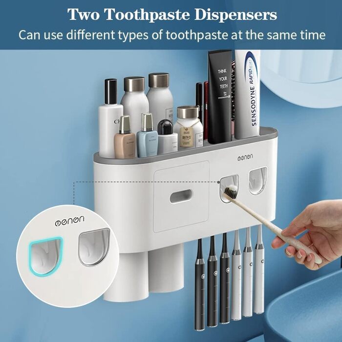 Automatic Toothpaste Dispenser, DENSAIL Toothbrush Holder Wall Mount with Dustproof Cover and 2 Toothpaste Dispensers, 2 Electric Toothbrush Holders, and 4 Toothbrush Organizer Slots (2 Dispensers + 2 Cups)