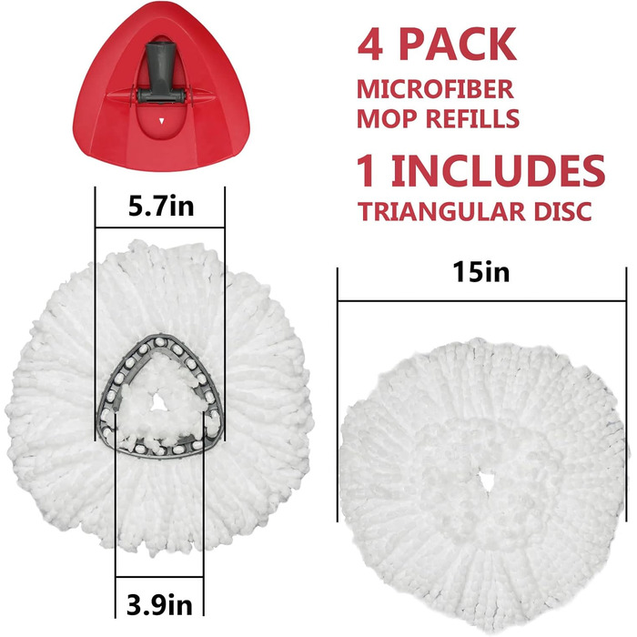 Spin Mop Replacement Head – EasyWring Mop Refill with Base, compatible with O-Cedar Triangle Spin Mop, Microfiber Mop Replacement Head, easy cleaning, floor wiper (white)