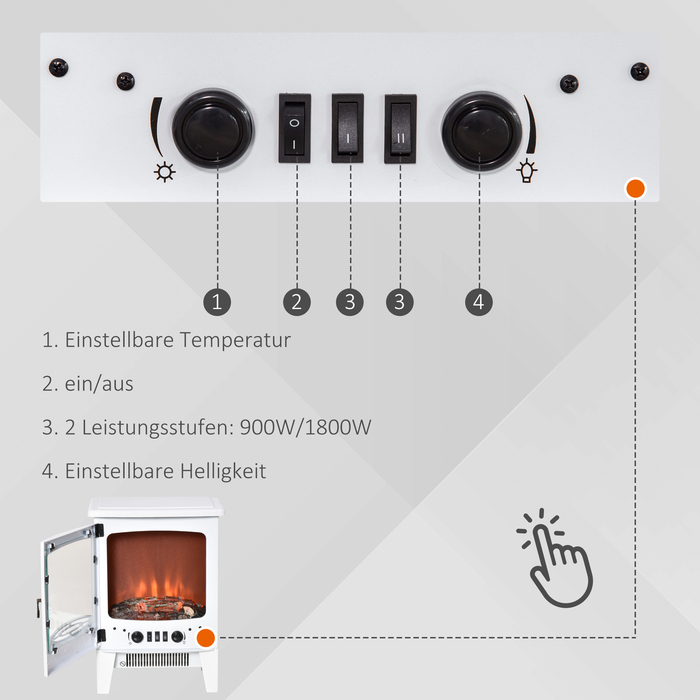 HOMCOM LED Electric Fireplace Standalone Fireplace with Flame Effect 900/1800W Metal & ABS Plastic in White 39 x 26 x 54.8 cm for a Cozy Atmosphere