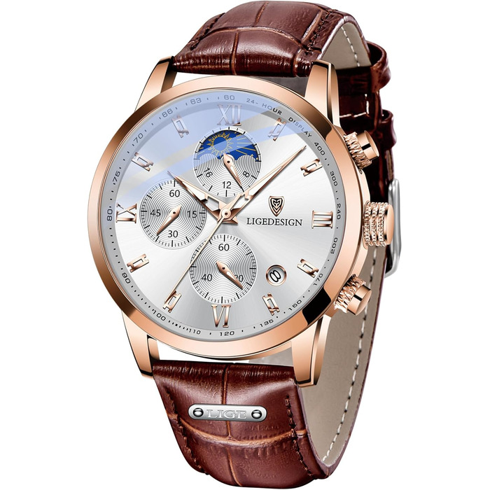 Годинник чоловічий LIGE Retro з шкіряним ремінцем, 3ATM водостійкий, аналоговий, з функцією свічення, фази місяця, з датою, коричнево-білий, хронограф