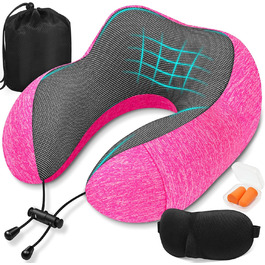 Подушка для шиї у літак - подушка для подорожей 100% Memory Foam - портативна подушка для літака - з 3D-маскою для сну та берушами - ідеальна для крісла літака, авто, дому, офісу, подушка для сну (Рожева)