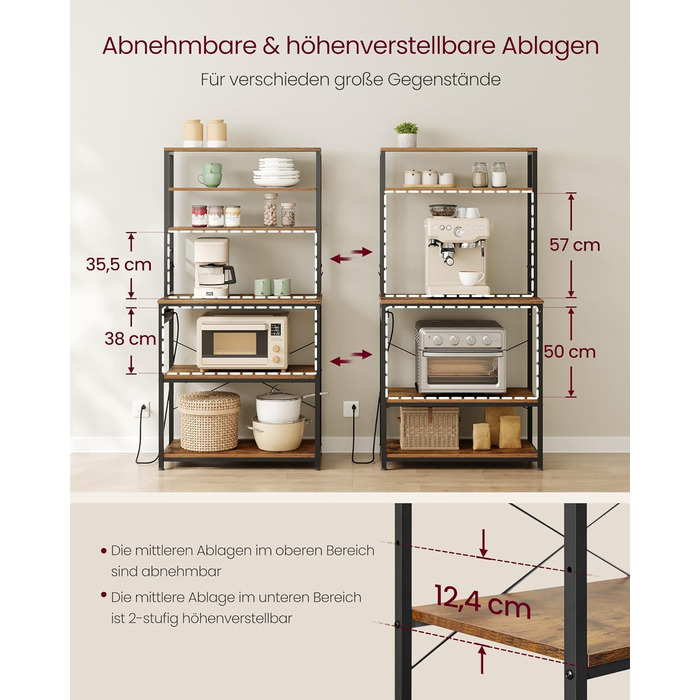 Стелаж кухонний VASAGLE з розетками, 6 полиць, гачки, сталевий каркас, 40x60x167 см, колір горіх + білий
