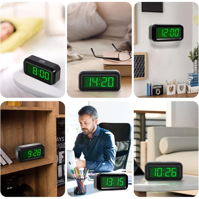 Цифровий годинник-будильник Timegyro з LED-дисплеєм, портативний для подорожей, настільний, з регулюванням яскравості, великий LED-дисплей 1.2' для спальні, вітальні, чорно-зелений