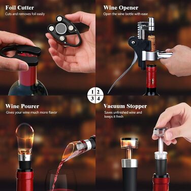 Corkscrew Wine Gift Set, Premium Wine Opener Set with Foil Cutter, Wine Pourer, Vacuum Wine Stopper, for All Types of Corks, Gift for Men and Women