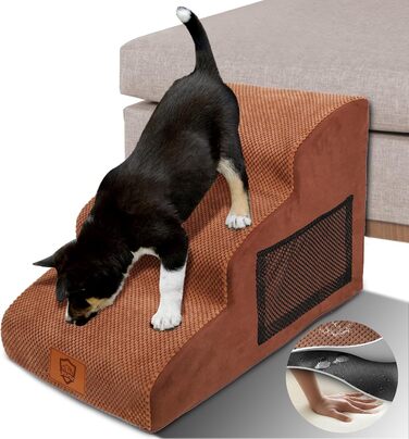 Calling Dog Stairs, Dog Stairs for Small Dogs, Waterproof Dog Stairs 40 cm High, Injury Prevention High-Quality Sponge Cat Stairs, Non-Slip Washable Dog Ramp for Sofa Bed Car (3-Step Dog Stairs, Brown)