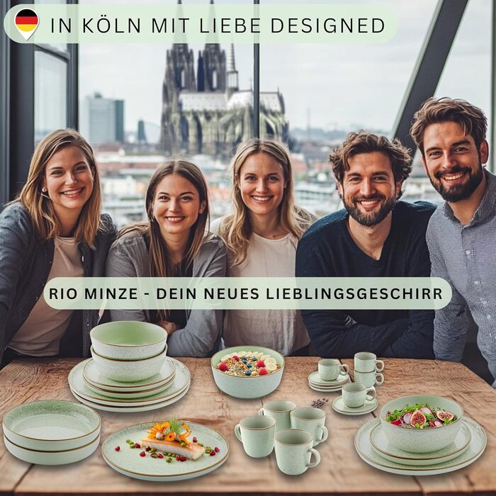Набір посуду SÄNGER Rio Minze 18 предметів: 6 тарілок для їжі, 6 десертних тарілок, 6 салатників. Керамічний посуд для 6 осіб, м'ятного кольору. VALUE COLLECTION